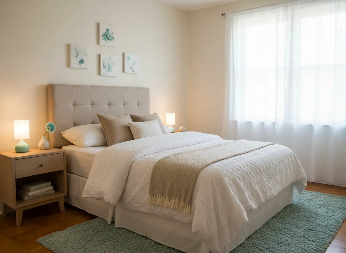 Cozy bedroom at Siena South apartments with soft bedding and large window